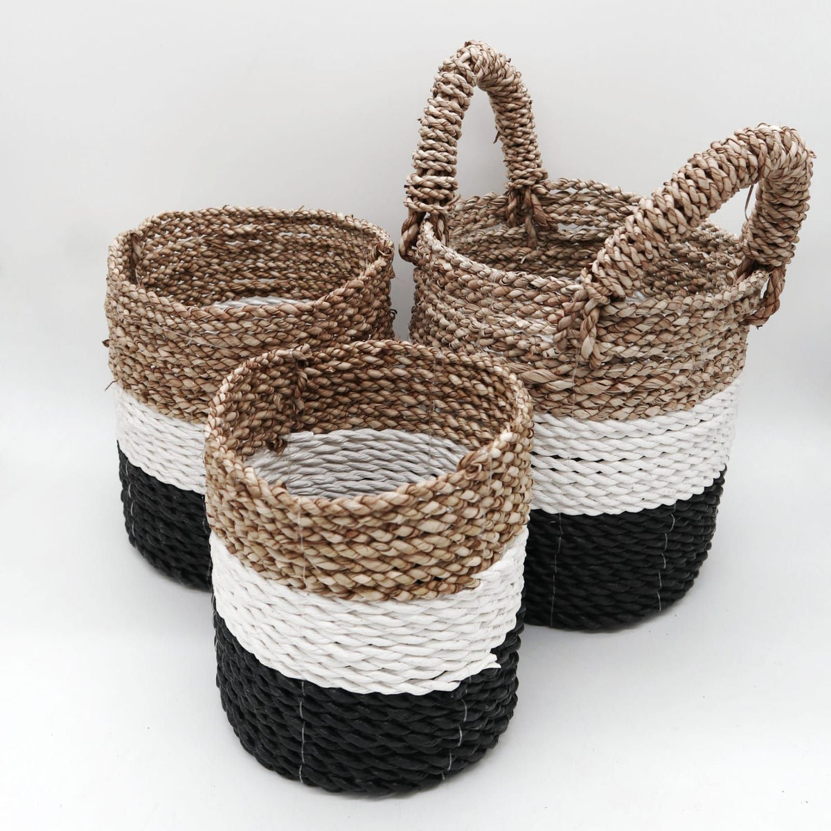 Charcoal, White & Natural Seagrass Basket Trio