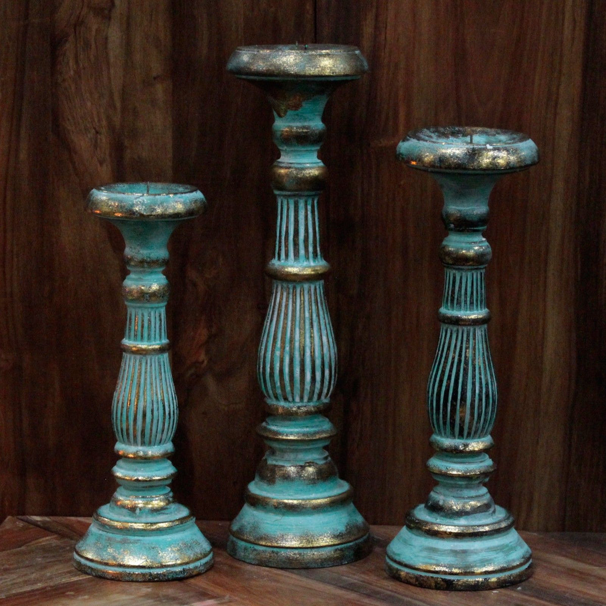 Aurelia Small Albasia-Wood Candle Holder — Turquoise Gold