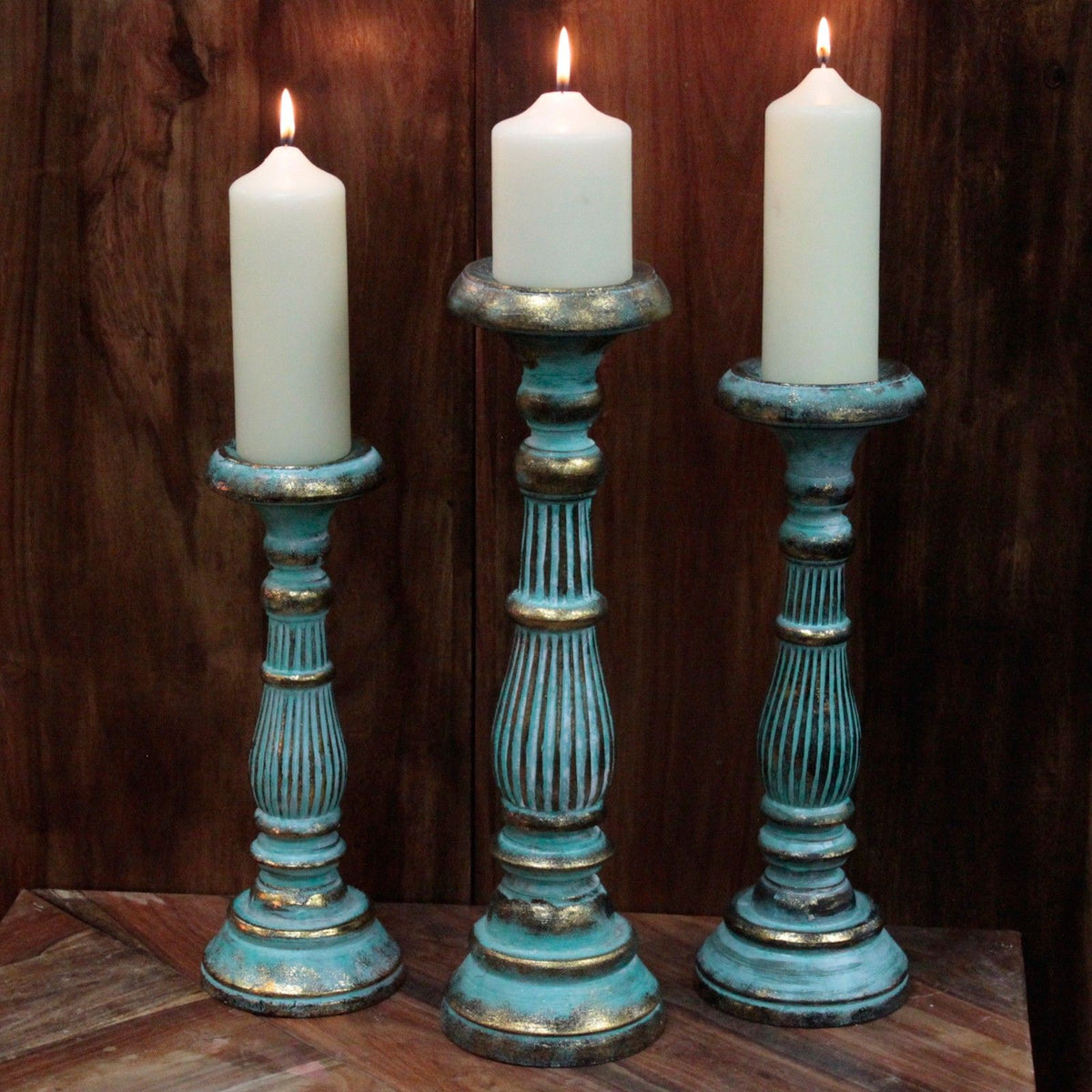 Aurelia Small Albasia-Wood Candle Holder — Turquoise Gold