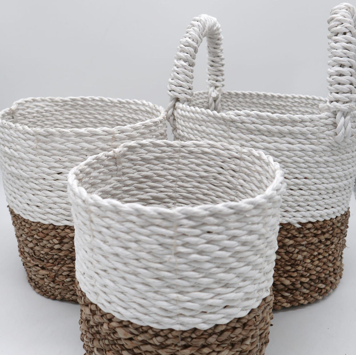 Natural & White Woven Seagrass Basket Trio