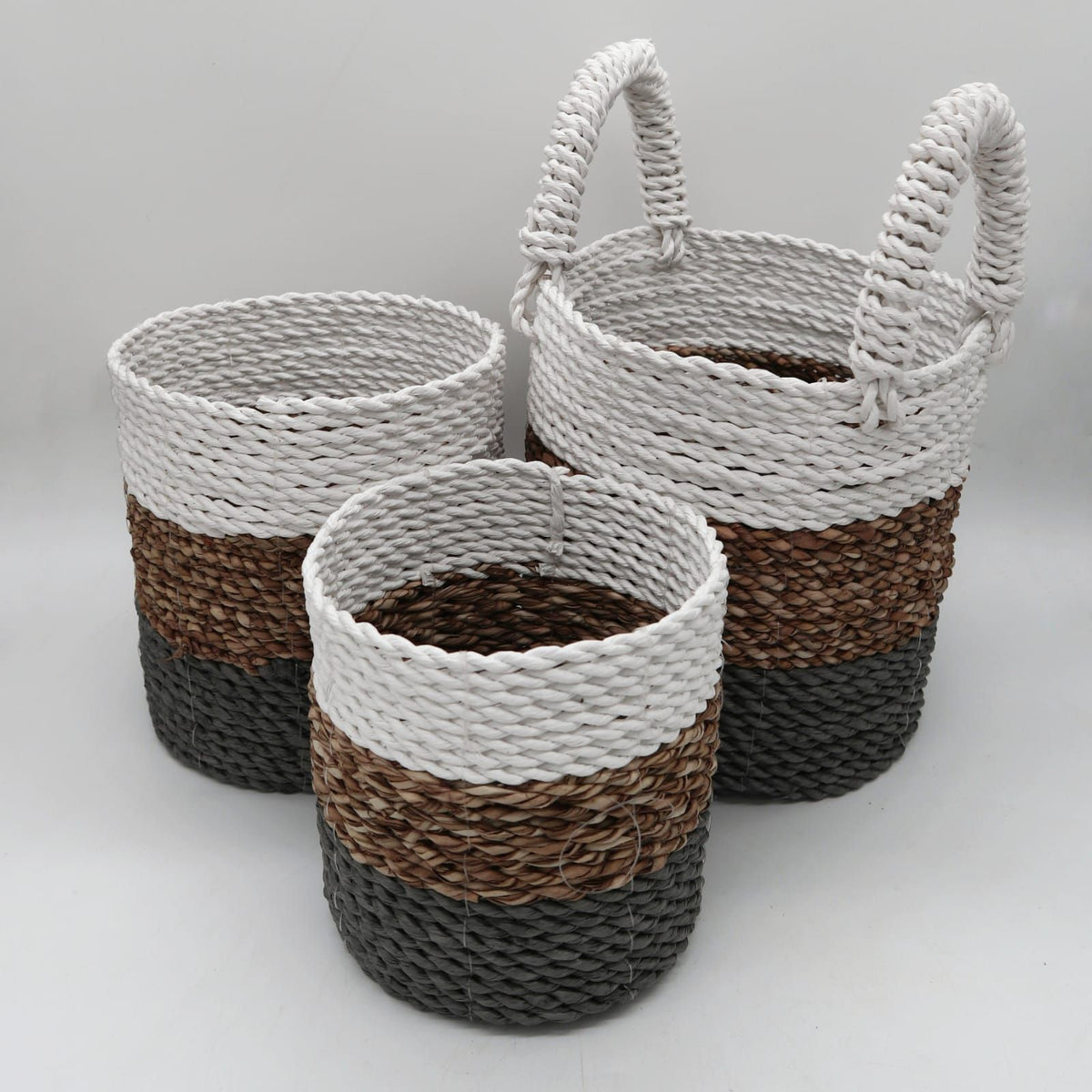 Grey, Natural & White Woven Seagrass Basket Trio