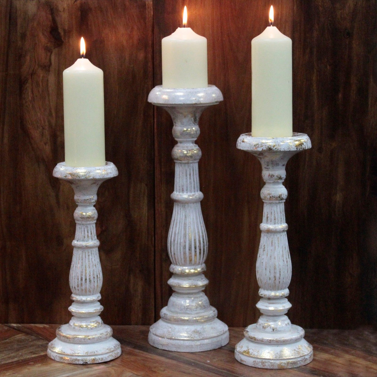 Aurelia Small Albasia-Wood Candle Holder — White Gold